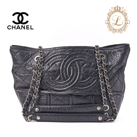 CHANEL Tote Bag Matelasse Coco Mark Double Chain Vintage Calf Black Silver-Tone Hardware Pre-Owned - Vintage La Charme