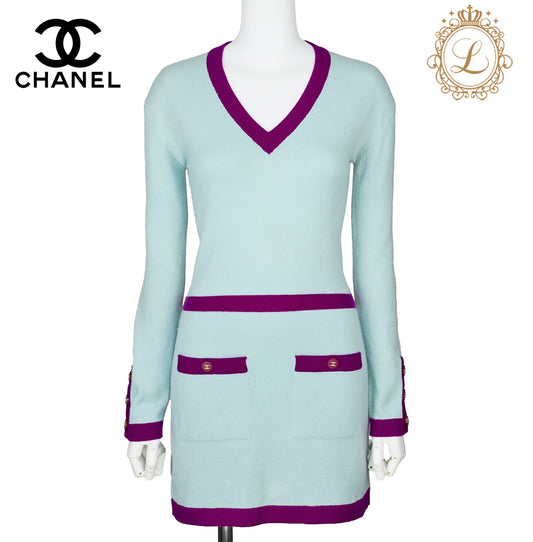CHANEL Dress, Long Sleeve, Coco Button, Cashmere, Blue, Gold-Tone Hardware, Pre-Owned - Vintage La Charme