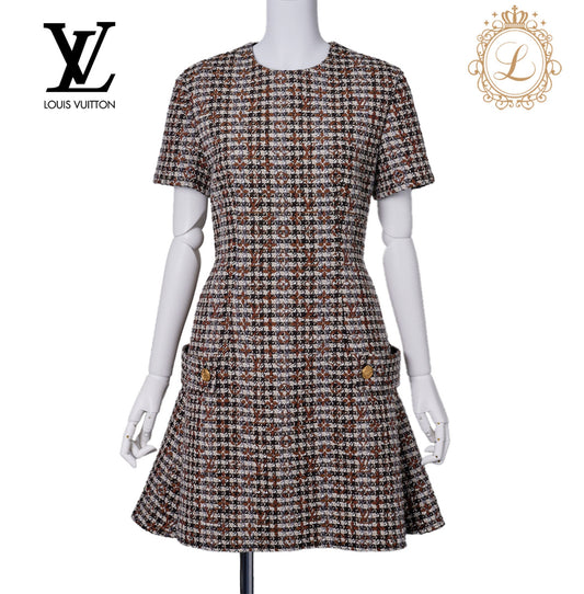 Louis Vuitton Skater Dress, Monogram Tweed, Wool Blend, Brown, Gold-Tone Hardware, Pre-Owned - Vintage La Charme