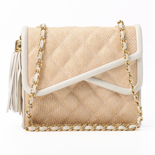 CHANEL Shoulder Bag, Matelasse, Fringe, Double Flap, Straw, Beige, Gold-Tone Hardware, Pre-Owned - Vintage La Charme