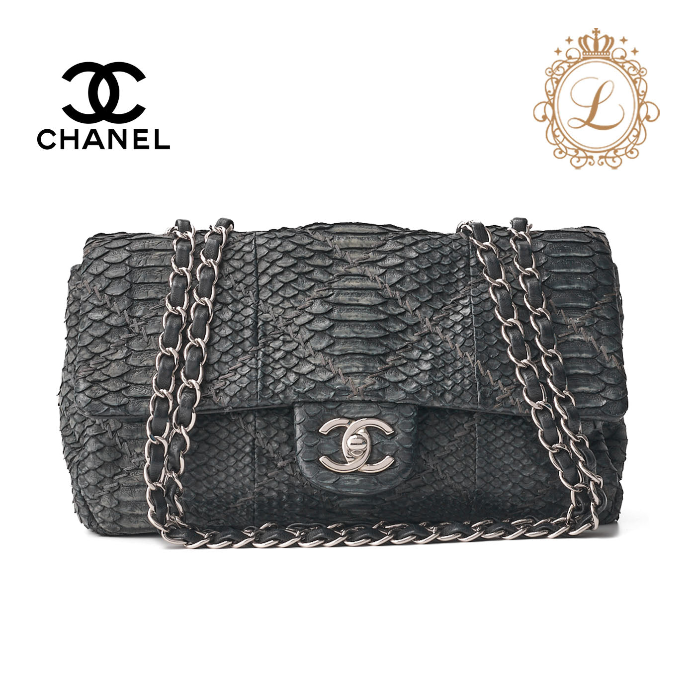 CHANEL Shoulder Bag, Matelasse Turn Lock Chain Shoulder, Python, Black, Gold-Tone Hardware, Pre-Owned - Vintage La Charme