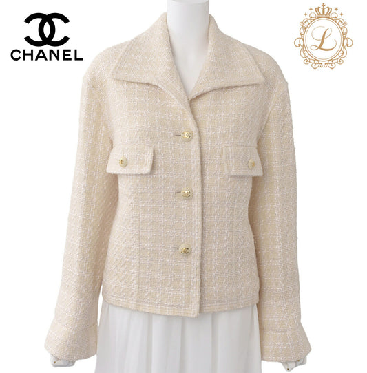 CHANEL Jacket Coat, Coco Button, Tweed, Beige, Gold-Tone Hardware, Pre-Owned - Vintage La Charme