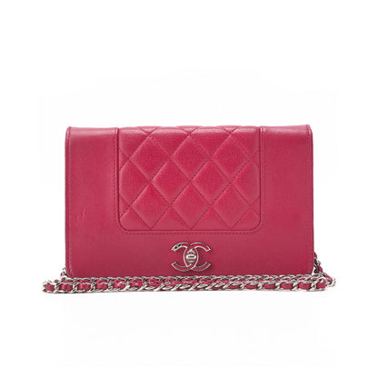 CHANEL Chain Wallet, Matelasse, Calfskin, Red, Silver-Tone Hardware, Pre-Owned