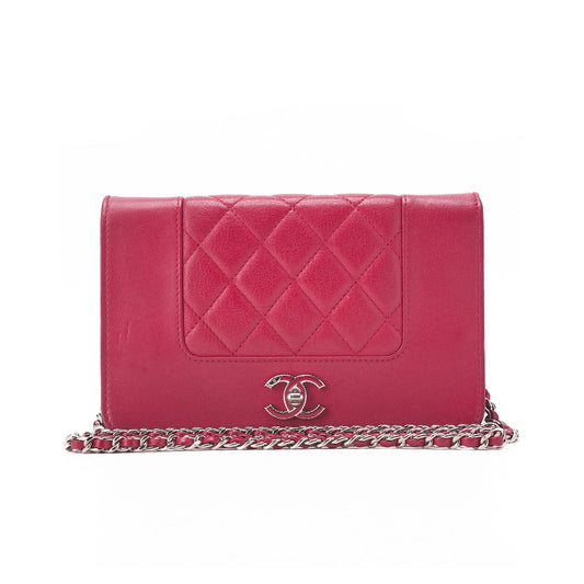 CHANEL Chain Wallet, Matelasse, Calfskin, Red, Silver-Tone Hardware, Pre-Owned