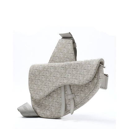 Dior Saddle Bag, Jacquard Trotter, Canvas, Weiß, Silberfarbene Metallteile, Gebraucht