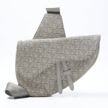 Dior Jacquard Trotter Saddle Bag Canvas White Silver-Tone Hardware, Pre-Owned