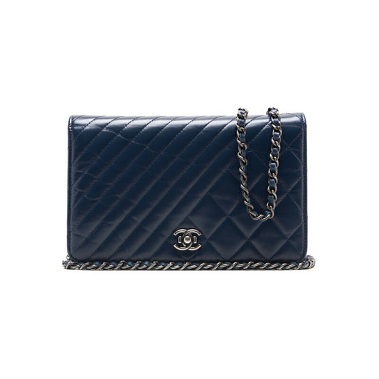 CHANEL Chain Wallet, Diagonal Stitching, Matelasse, Lambskin, Blue, Silver-Tone Hardware, Pre-Owned - Vintage La Charme