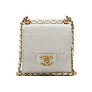 CHANEL Mini Shoulder Bag, Matelasse, Pearl Chain, Lambskin, White, Gold-Tone Hardware, Pre-Owned - Vintage La Charme