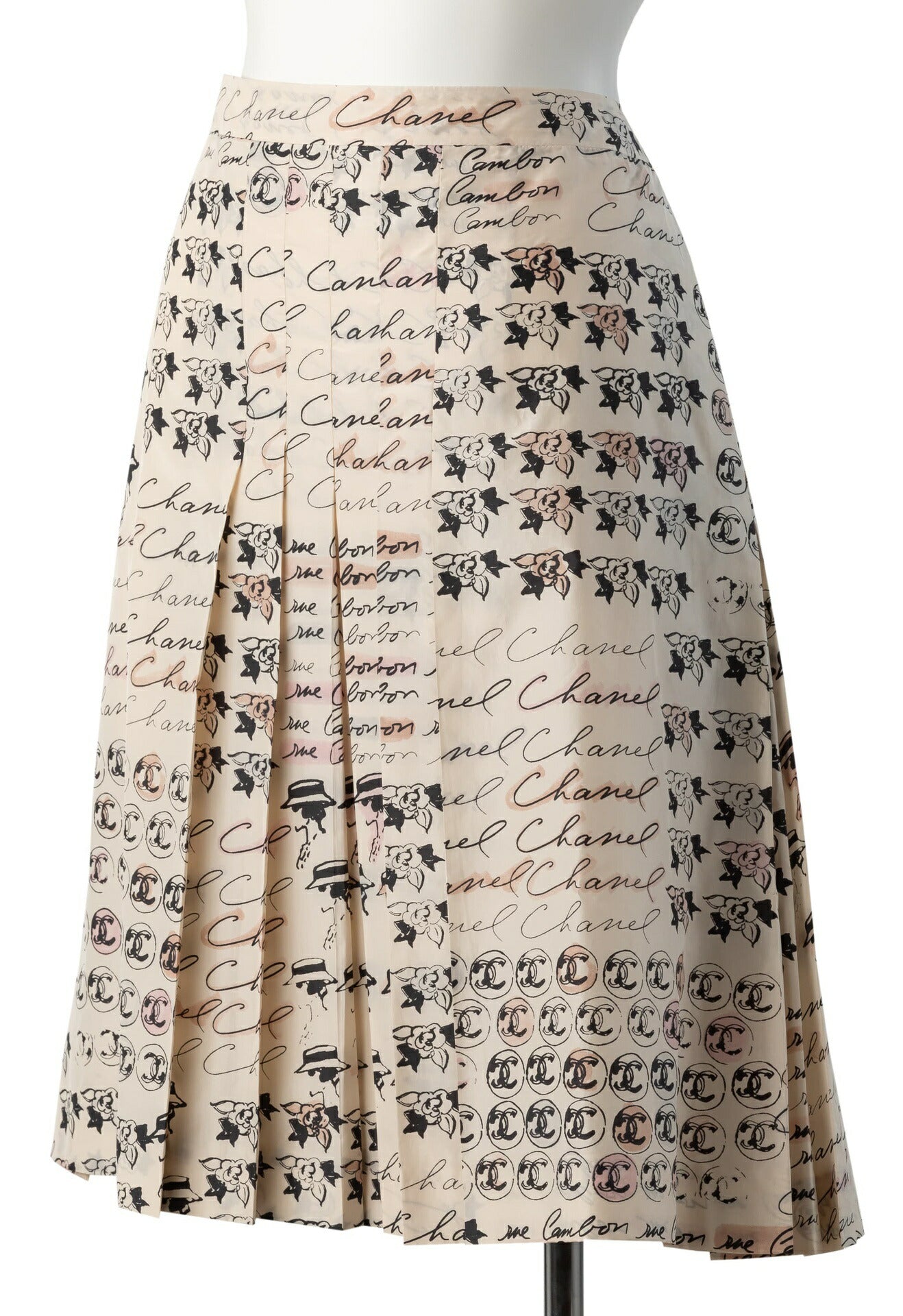 CHANEL Pleated Skirt, Coco Mark Logo, Silk, Ivory, Gold-Tone Hardware, Pre-Owned - Vintage La Charme