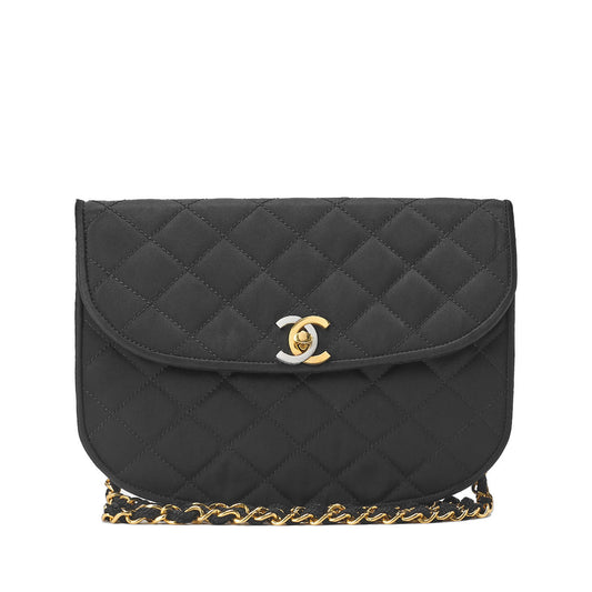 CHANEL Shoulder Bag, Matelasse, Chain Shoulder, Satin, Black, Gold-Tone Hardware, Pre-Owned