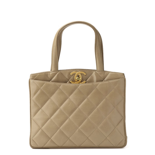 CHANEL Handbag Matelasse Turn Lock Lambskin Beige Gold-Tone Hardware Pre-Owned