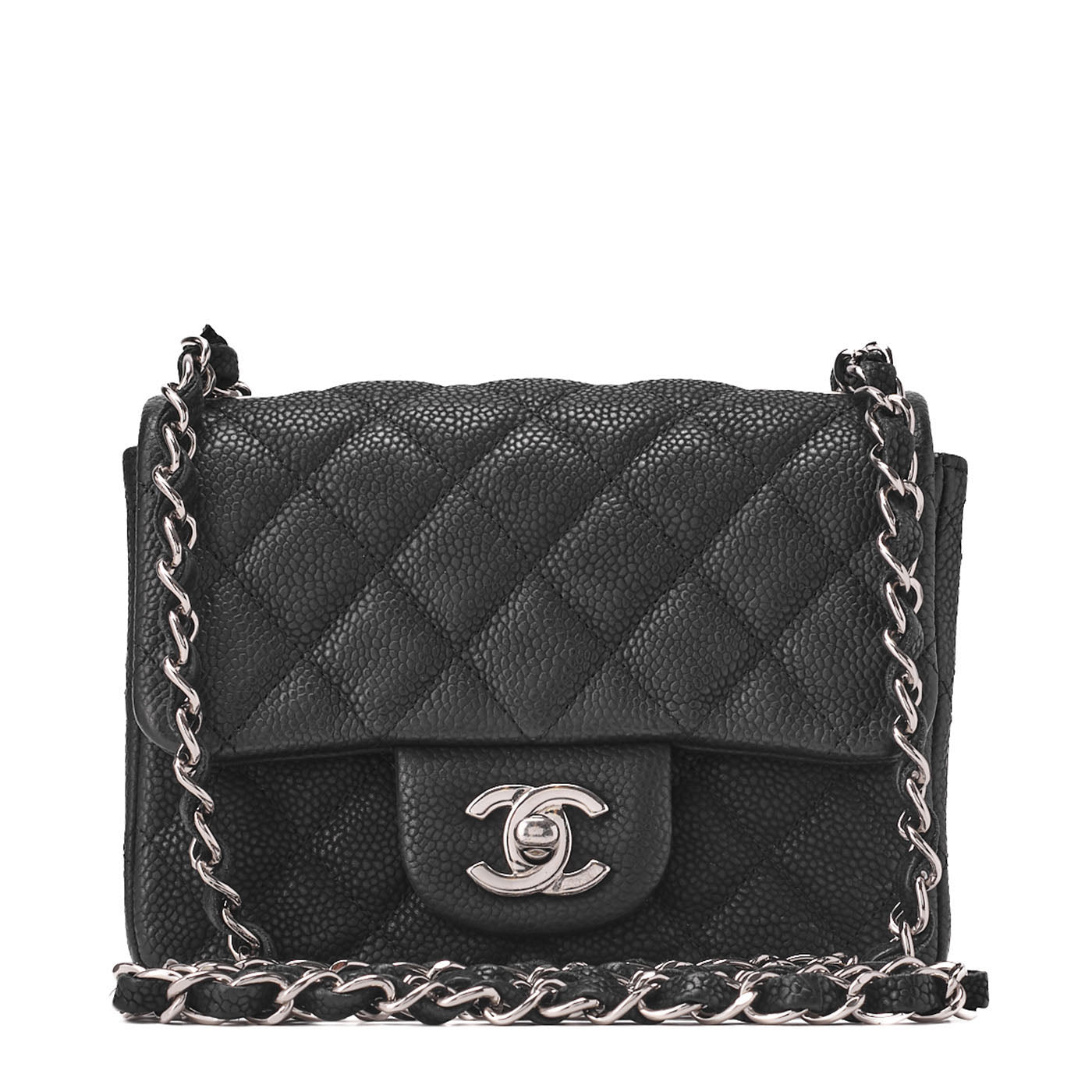 CHANEL Schultertasche Mini Matelassé Caviar Skin Schwarz Silberfarbene Hardware Gebraucht