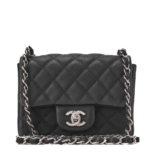 CHANEL Schultertasche Mini Matelassé Caviar Skin Schwarz Silberfarbene Hardware Gebraucht