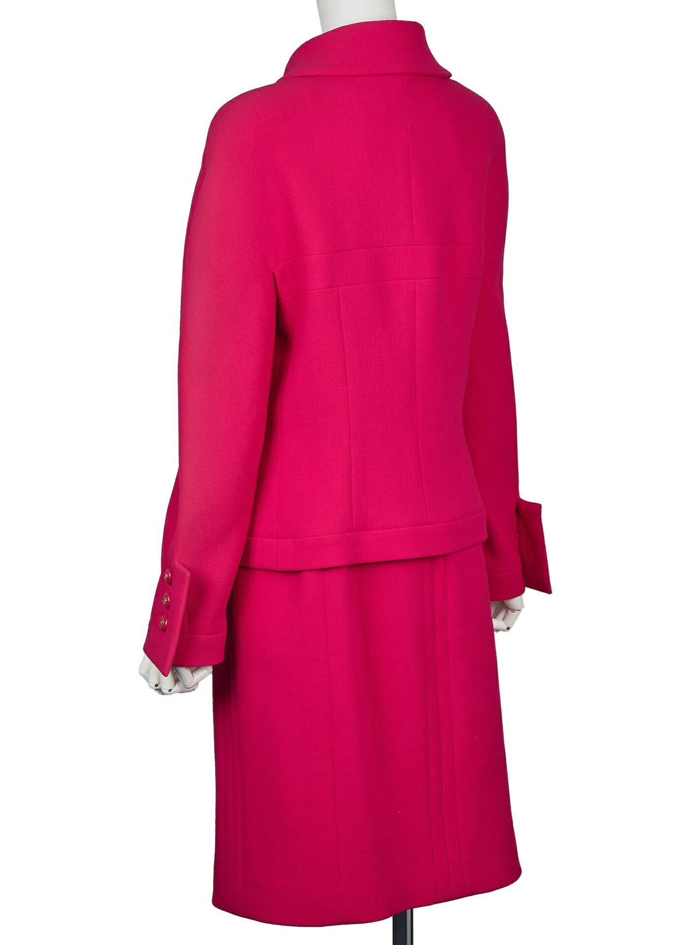 CHANEL Jacket Skirt Set, Coco Button, Wool, Pink, Gold-Tone Hardware, Pre-Owned - Vintage La Charme