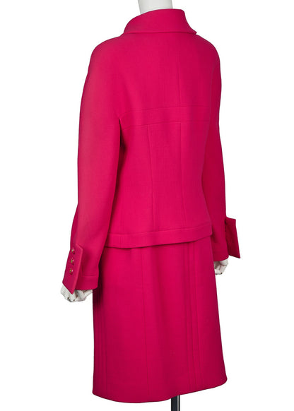 CHANEL Jacket Skirt Set, Coco Button, Wool, Pink, Gold-Tone Hardware, Pre-Owned - Vintage La Charme