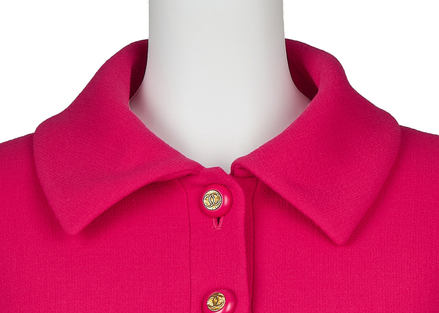 CHANEL Jacket Skirt Set, Coco Button, Wool, Pink, Gold-Tone Hardware, Pre-Owned - Vintage La Charme