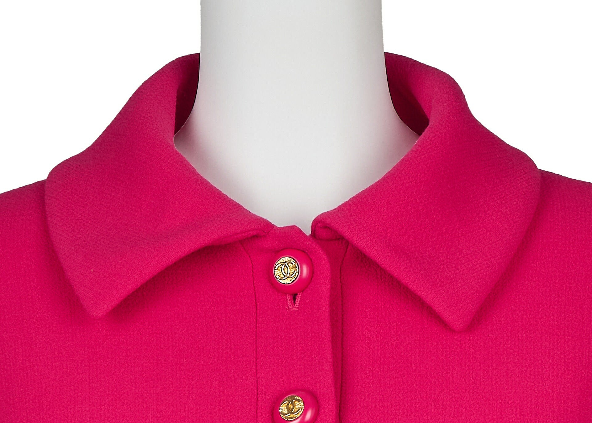 CHANEL Jacket Skirt Set, Coco Button, Wool, Pink, Gold-Tone Hardware, Pre-Owned - Vintage La Charme