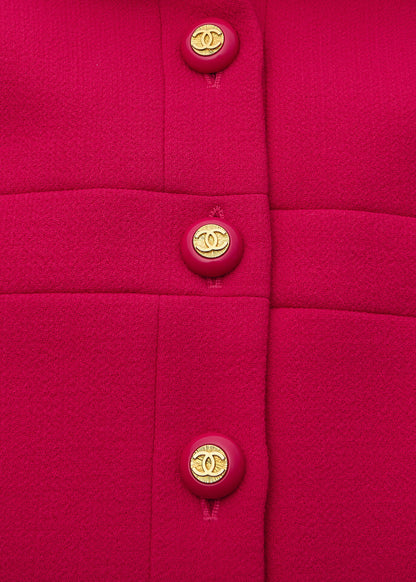 CHANEL Jacket Skirt Set, Coco Button, Wool, Pink, Gold-Tone Hardware, Pre-Owned - Vintage La Charme
