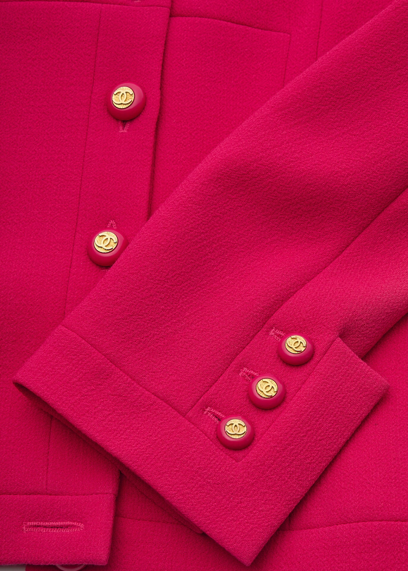 CHANEL Jacket Skirt Set, Coco Button, Wool, Pink, Gold-Tone Hardware, Pre-Owned - Vintage La Charme