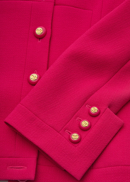 CHANEL Jacket Skirt Set, Coco Button, Wool, Pink, Gold-Tone Hardware, Pre-Owned - Vintage La Charme