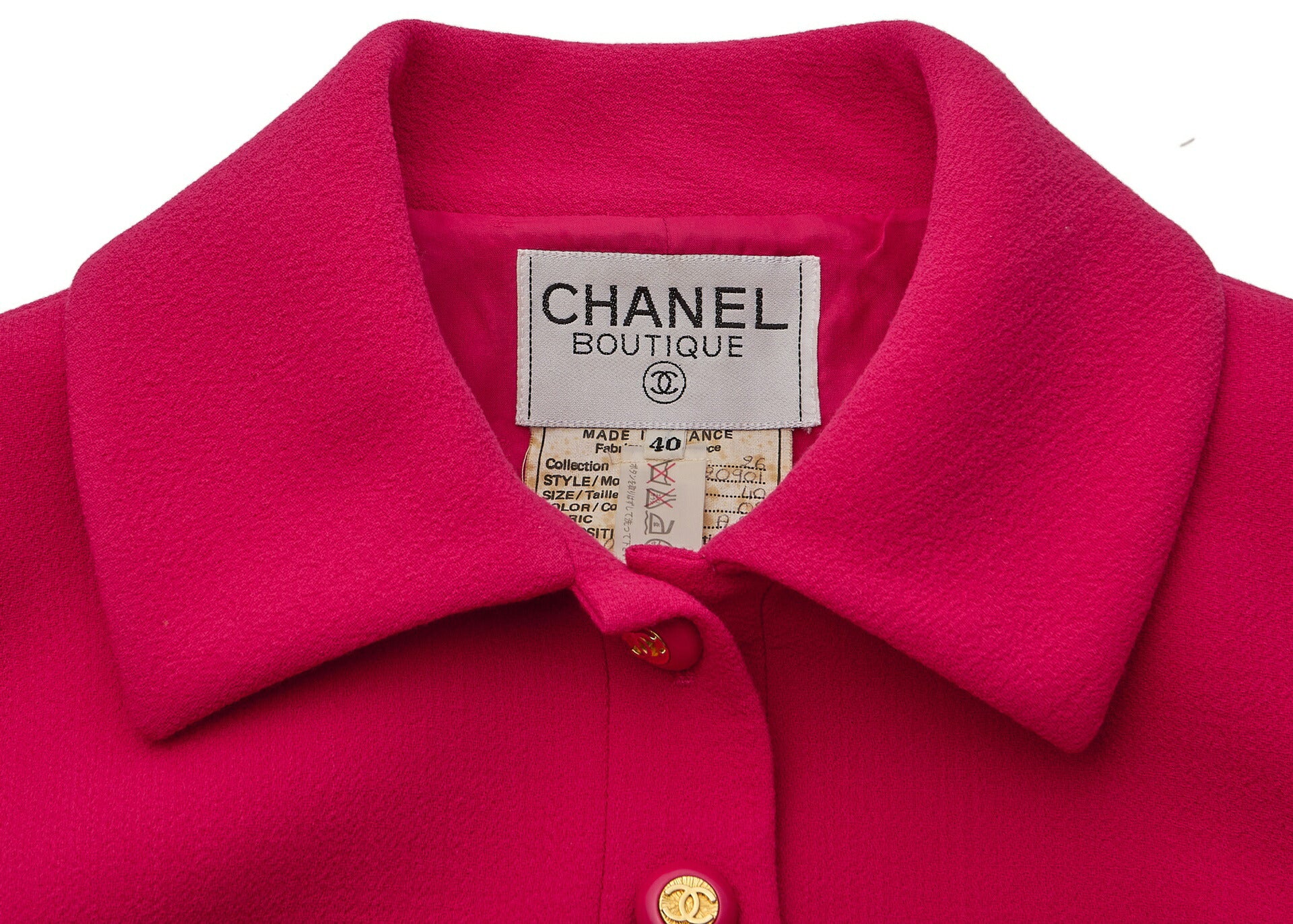 CHANEL Jacket Skirt Set, Coco Button, Wool, Pink, Gold-Tone Hardware, Pre-Owned - Vintage La Charme