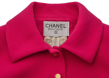 CHANEL Jacket Skirt Set, Coco Button, Wool, Pink, Gold-Tone Hardware, Pre-Owned - Vintage La Charme