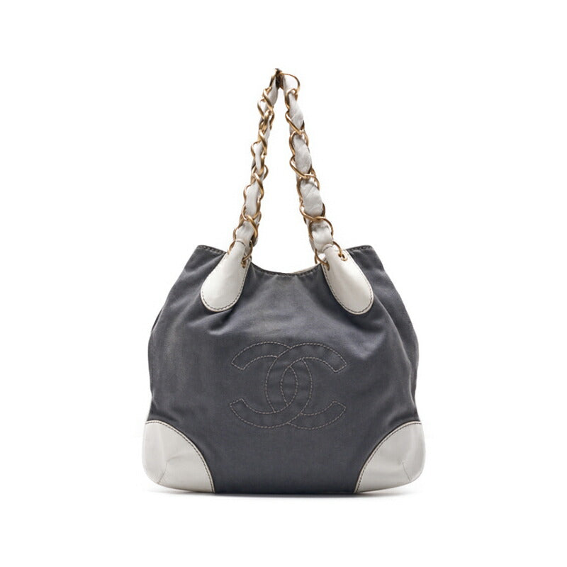 CHANEL Shoulder Tote Bag, Canvas, Gray, Gold-Tone Hardware, Pre-Owned - Vintage La Charme
