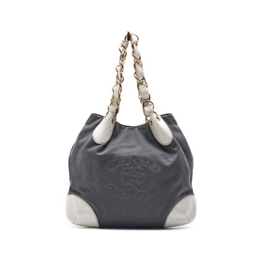 CHANEL Shoulder Tote Bag, Canvas, Gray, Gold-Tone Hardware, Pre-Owned - Vintage La Charme