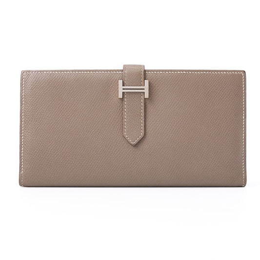 HERMES Bearn Soufflet Two-Fold Long Wallet Vaux Epson Etoupe Grey Silver-Tone Hardware Pre-Owned - Vintage La Charme