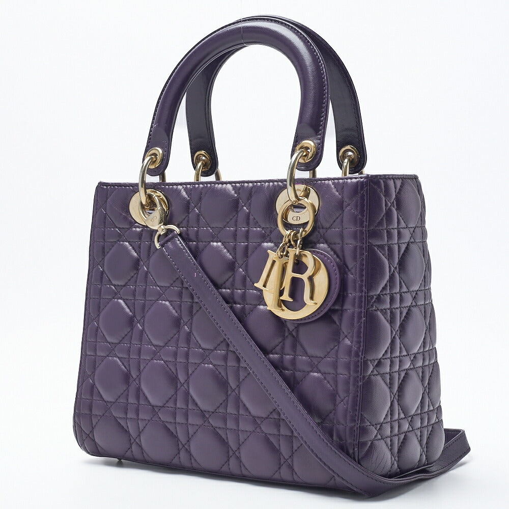 Dior Lady Dior Cannage 2WAY Handbag Lambskin Purple Gold-Tone Hardware Pre-Owned - Vintage La Charme