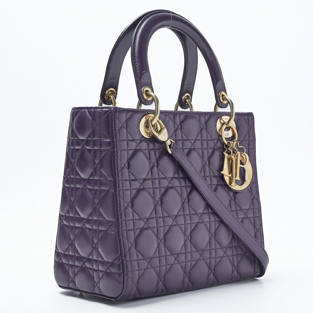 Dior Lady Dior Cannage 2WAY Handbag Lambskin Purple Gold-Tone Hardware Pre-Owned - Vintage La Charme