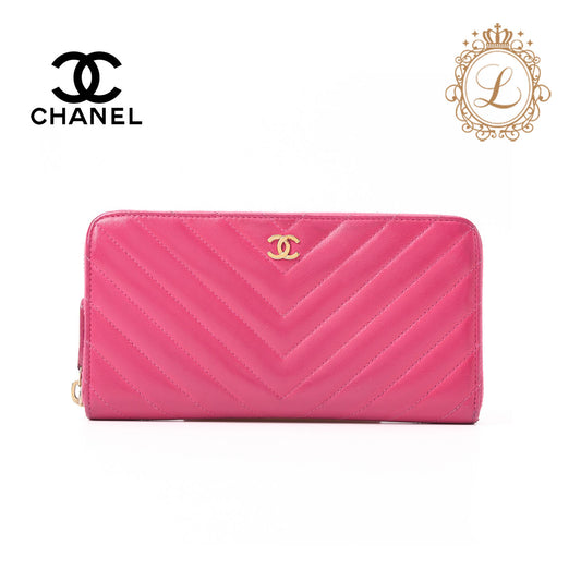 Chanel Long Wallet, Matelasse, V Stitch, Lambskin, Pink, Gold-Tone Hardware, Pre-Owned - Vintage La Charme