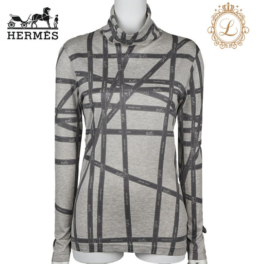 Hermes Turtleneck Long Sleeve Top, Logo Ribbon Design, Grey, Silver-Tone Hardware, Pre-Owned - Vintage La Charme