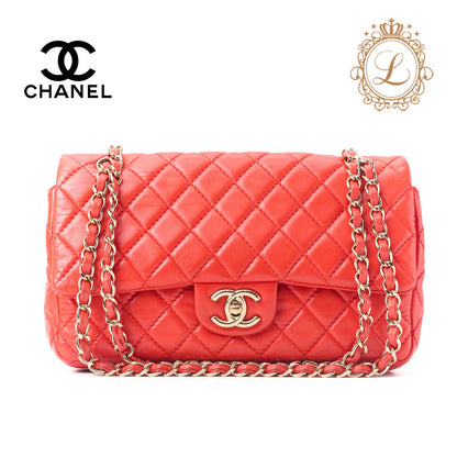 CHANEL Shoulder Bag Matelasse Turn Lock Double Flap Lambskin Red Gold-Tone Hardware Pre-Owned - Vintage La Charme