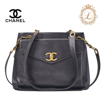 CHANEL Tote Bag, Outside Flap, Double Chain Shoulder, Caviar Skin, Black, Gold-Tone Hardware, Pre-Owned - Vintage La Charme