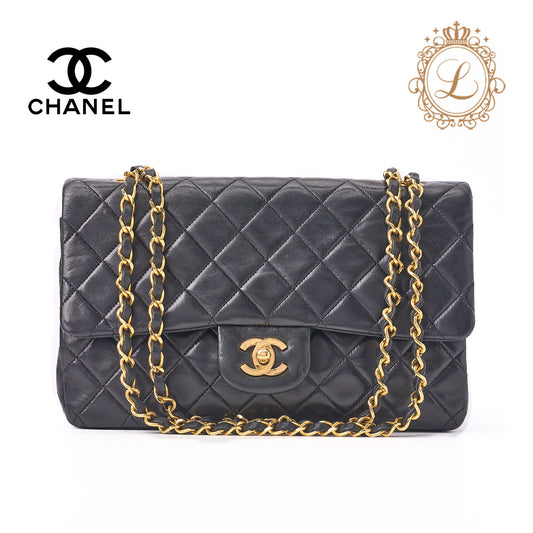CHANEL Shoulder Bag Matelasse Turn Lock Double Flap Lambskin Black Gold-Tone Hardware Pre-Owned - Vintage La Charme