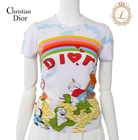 Dior T-Shirt Short Sleeve Cut-and-Sew Cotton White Multicolor Gold-Tone Hardware Pre-Owned - Vintage La Charme