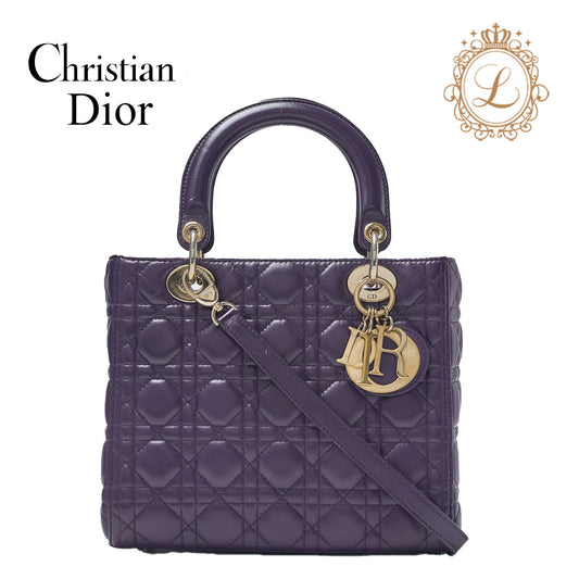 Dior Lady Dior Cannage 2WAY Handbag Lambskin Purple Gold-Tone Hardware Pre-Owned - Vintage La Charme