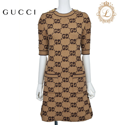 Gucci One Piece Top Skirt, Logo Mark, Knit, Wool, Brown, Gold-Tone Hardware, Pre-Owned - Vintage La Charme