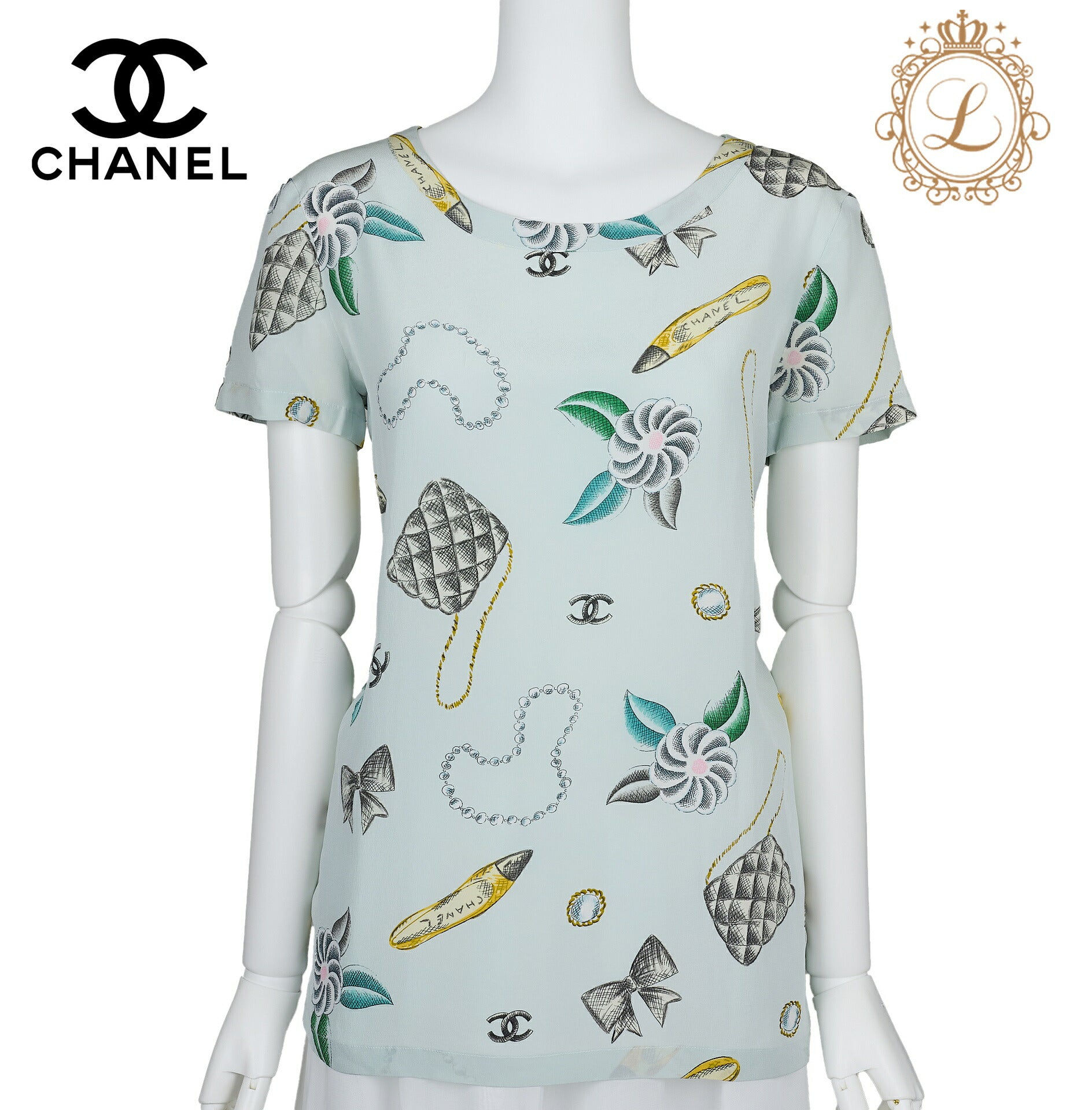 CHANEL T-Shirt Blouse Short Sleeve Ribbon Cut Sew Cotton Light Blue Gold-Tone Hardware Pre-Owned - Vintage La Charme