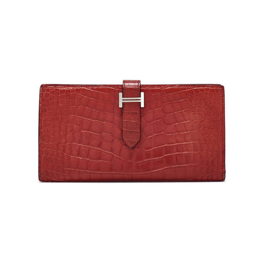 HERMES Bearn Soufflet 2 Fold Long Wallet Alligator Blaze Raise Silver-Tone Hardware Pre-Owned - Vintage La Charme