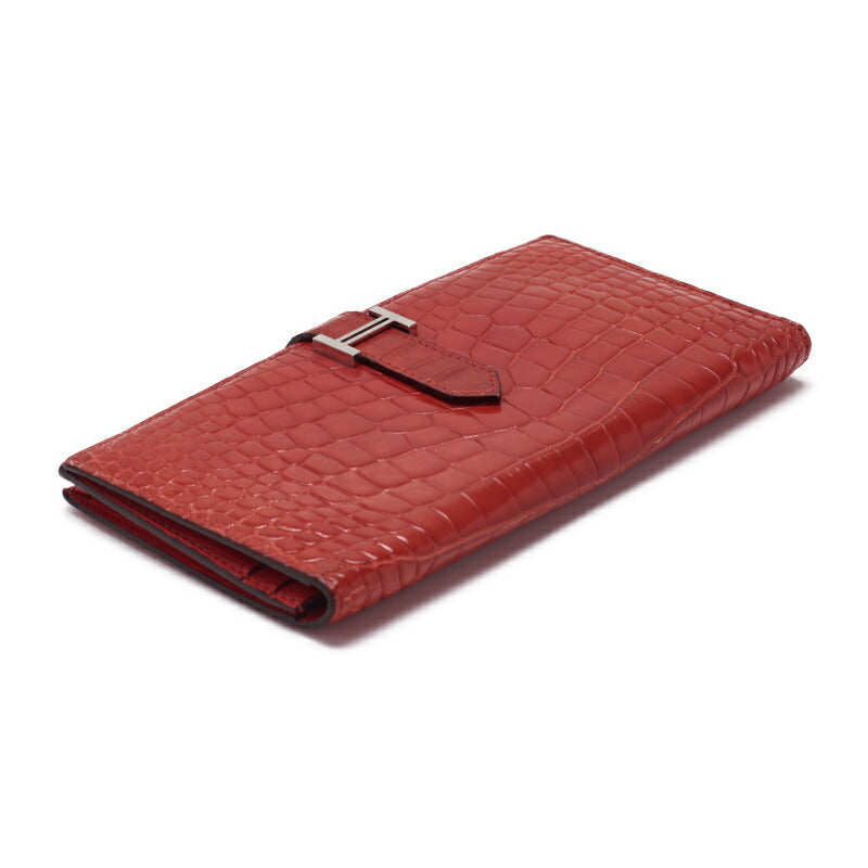 HERMES Bearn Soufflet 2 Fold Long Wallet Alligator Blaze Raise Silver-Tone Hardware Pre-Owned - Vintage La Charme