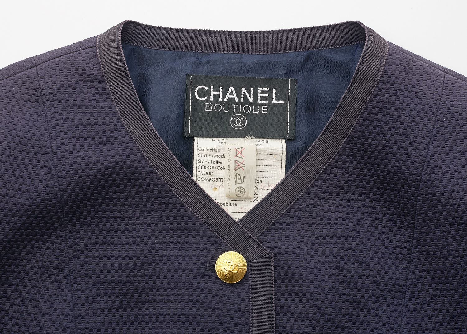 CHANEL Jacket Skirt Set, Coco Button, Cotton, Navy, Gold-Tone Hardware, Pre-Owned - Vintage La Charme