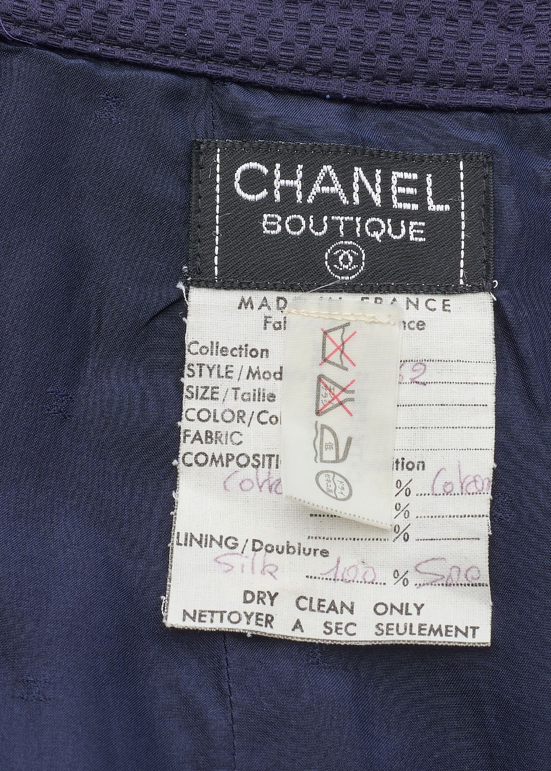CHANEL Jacket Skirt Set, Coco Button, Cotton, Navy, Gold-Tone Hardware, Pre-Owned - Vintage La Charme