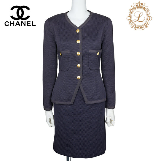 CHANEL Jacket Skirt Set, Coco Button, Cotton, Navy, Gold-Tone Hardware, Pre-Owned - Vintage La Charme