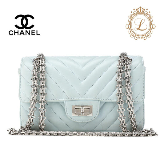 Chanel Shoulder Bag, V Stitch 2.55 Lock Chain, Calfskin, Light Blue, Silver-Tone Hardware, Pre-Owned - Vintage La Charme
