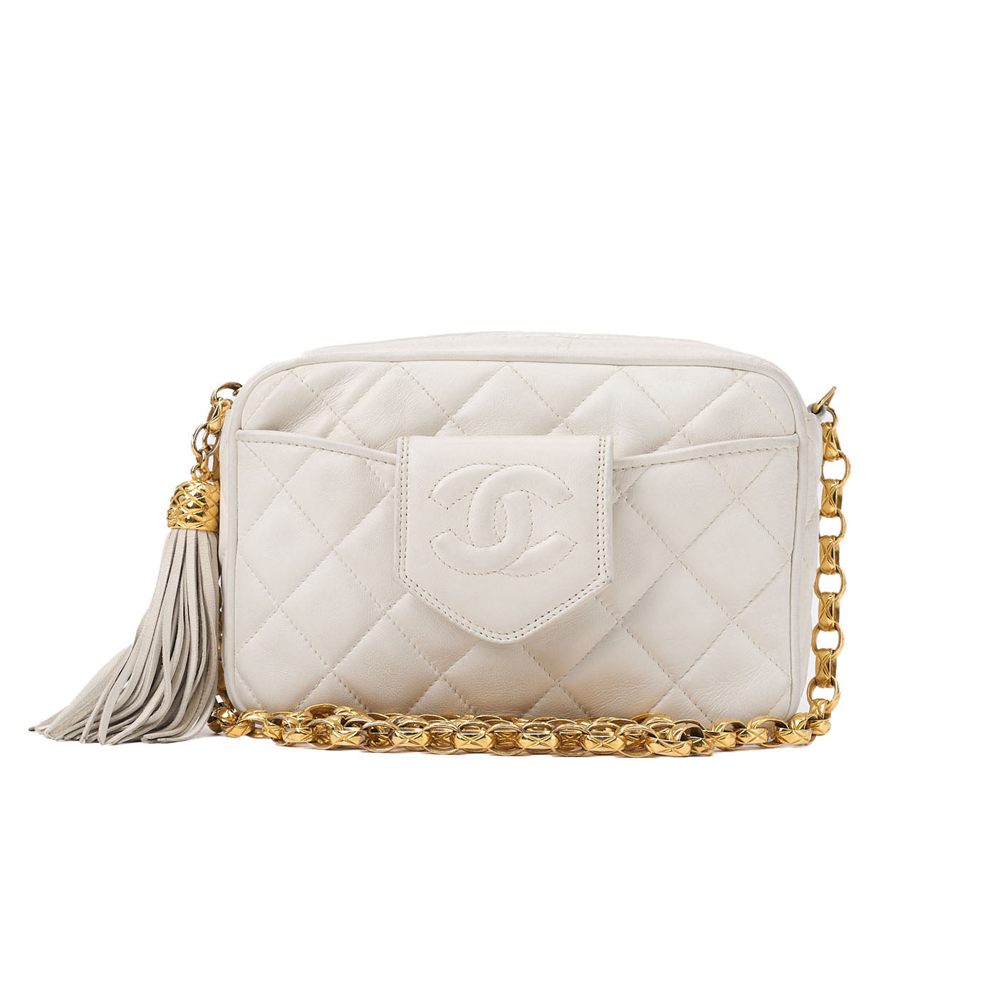 CHANEL Shoulder Bag Mini Matelasse Coco Mark With Fringe Bijou Chain Lambskin White Gold-Tone Hardware Pre-Owned