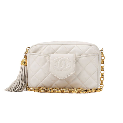 CHANEL Shoulder Bag Mini Matelasse Coco Mark With Fringe Bijou Chain Lambskin White Gold-Tone Hardware Pre-Owned