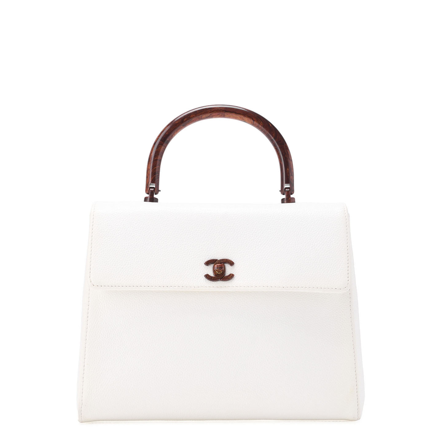 CHANEL Handbag Turnlock Kelly Shape Wood Pattern Caviar Skin White Gold-Tone Hardware, Pre-Owned