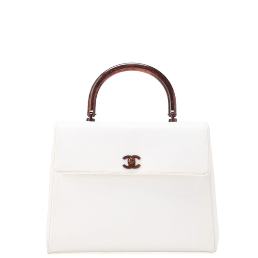 CHANEL Handbag Turnlock Kelly Shape Wood Pattern Caviar Skin White Gold-Tone Hardware, Pre-Owned